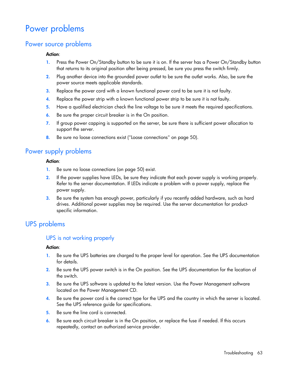 Power problems, Power source problems, Power supply problems | Ups problems | HP ML100 User Manual | Page 63 / 111