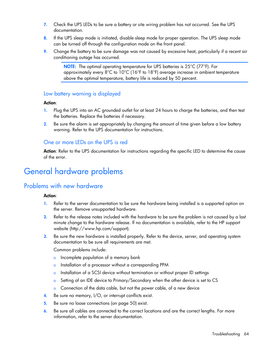 General hardware problems, Problems with new hardware | HP ML100 User Manual | Page 64 / 111