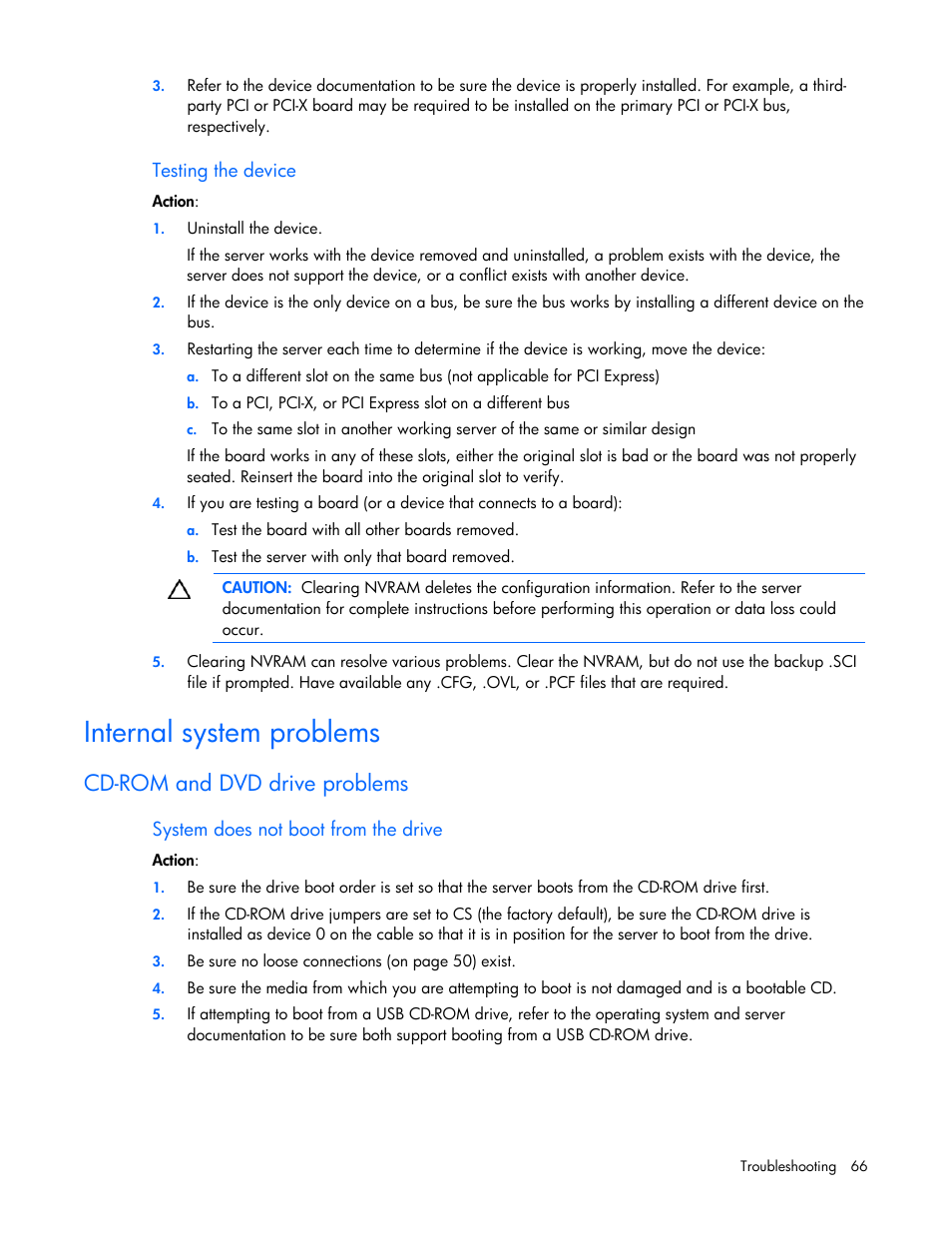 Internal system problems, Cd-rom and dvd drive problems | HP ML100 User Manual | Page 66 / 111