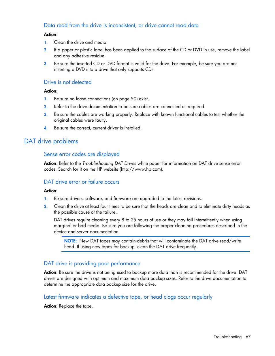 Dat drive problems | HP ML100 User Manual | Page 67 / 111