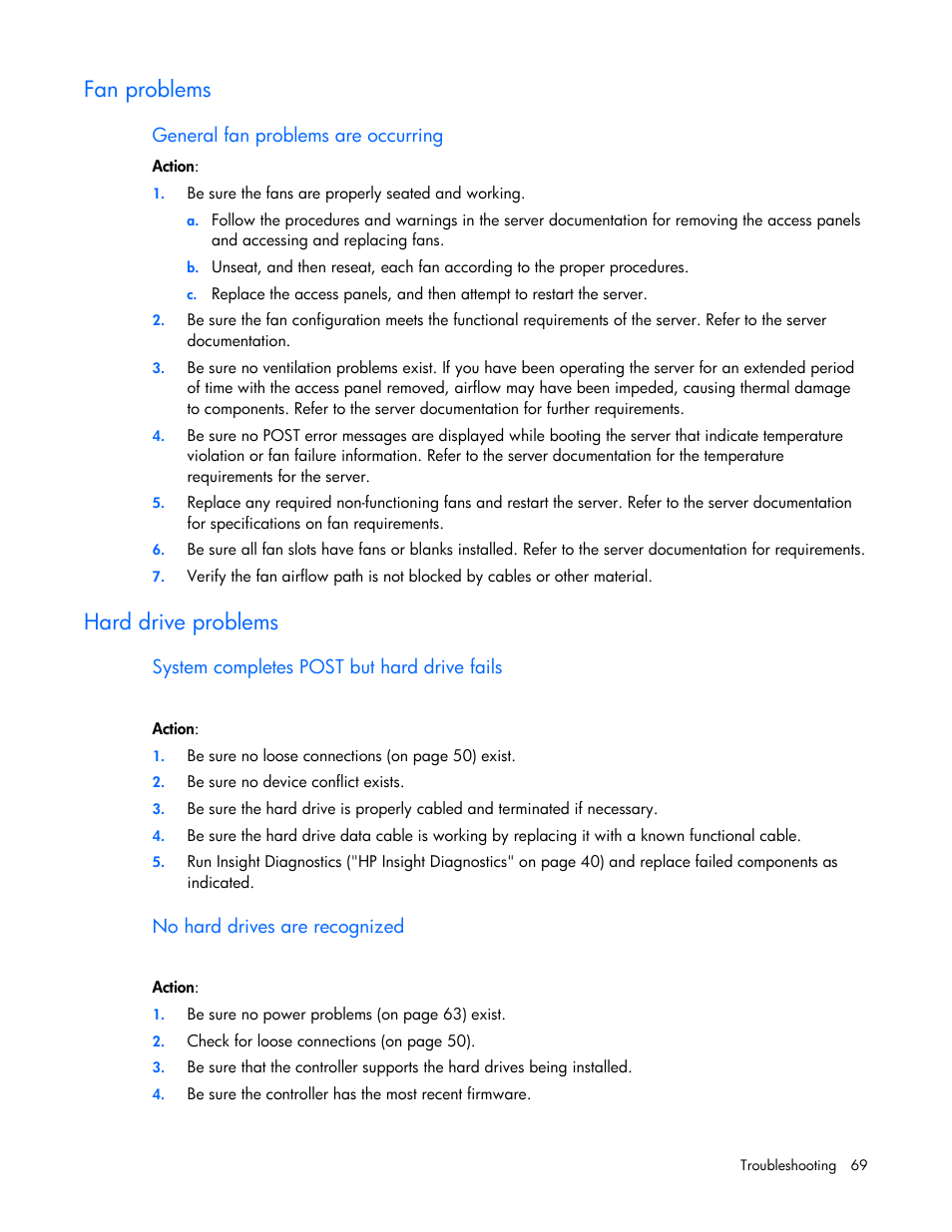 Fan problems, Hard drive problems | HP ML100 User Manual | Page 69 / 111