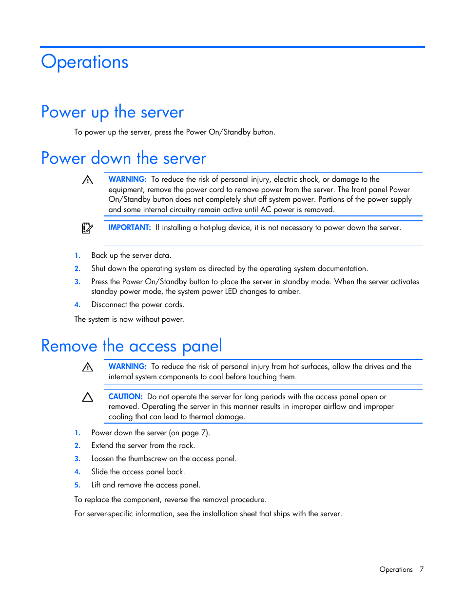 Operations, Power up the server, Power down the server | Remove the access panel | HP ML100 User Manual | Page 7 / 111