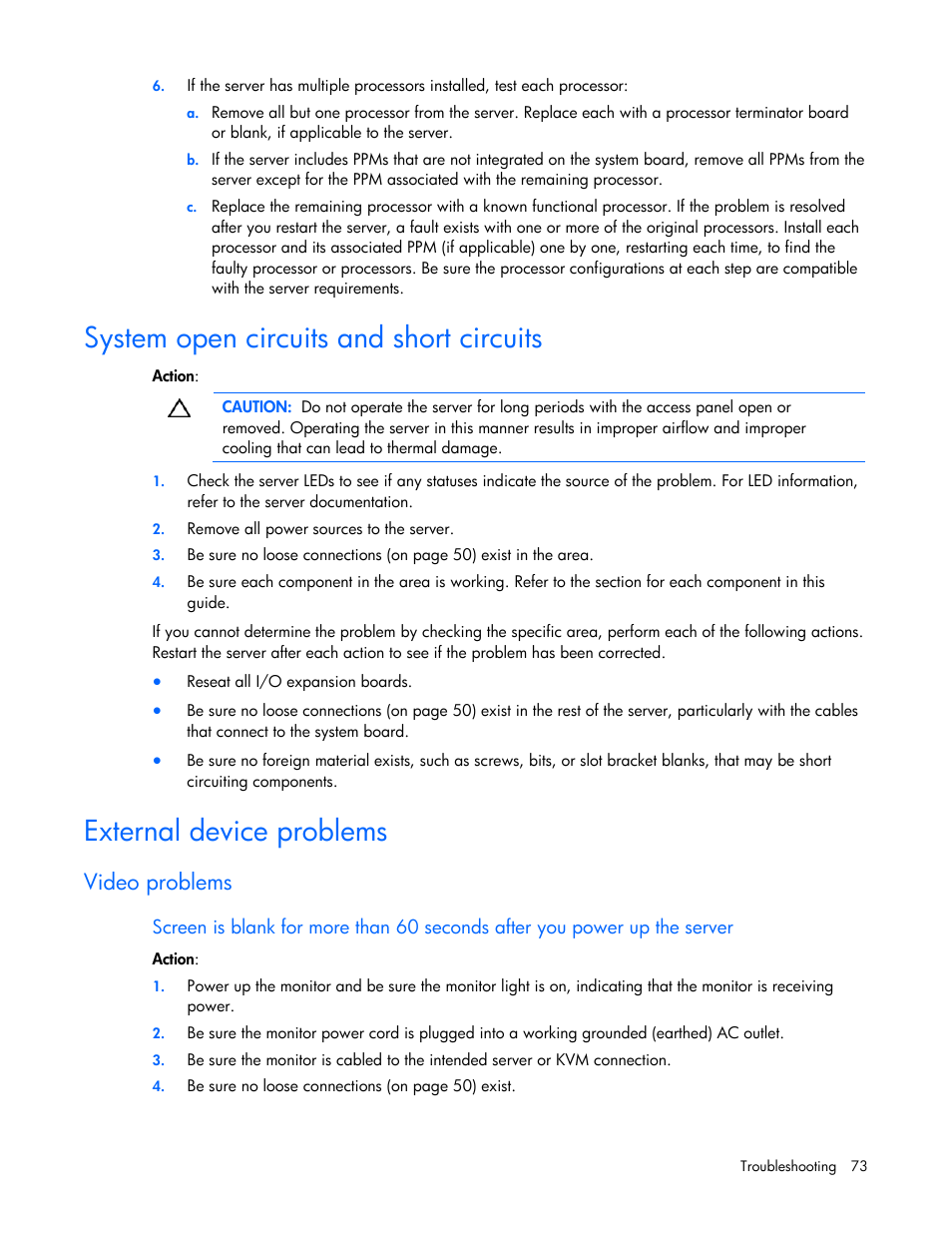 System open circuits and short circuits, External device problems, Video problems | Ge 73), System e, Op n circuits and short circuits | HP ML100 User Manual | Page 73 / 111