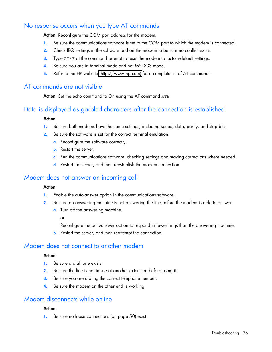 No response occurs when you type at commands, At commands are not visible, Modem does not answer an incoming call | Modem does not connect to another modem, Modem disconnects while online, No res n, At com, Modem o, Modem is, Po se occurs when you type at commands | HP ML100 User Manual | Page 76 / 111