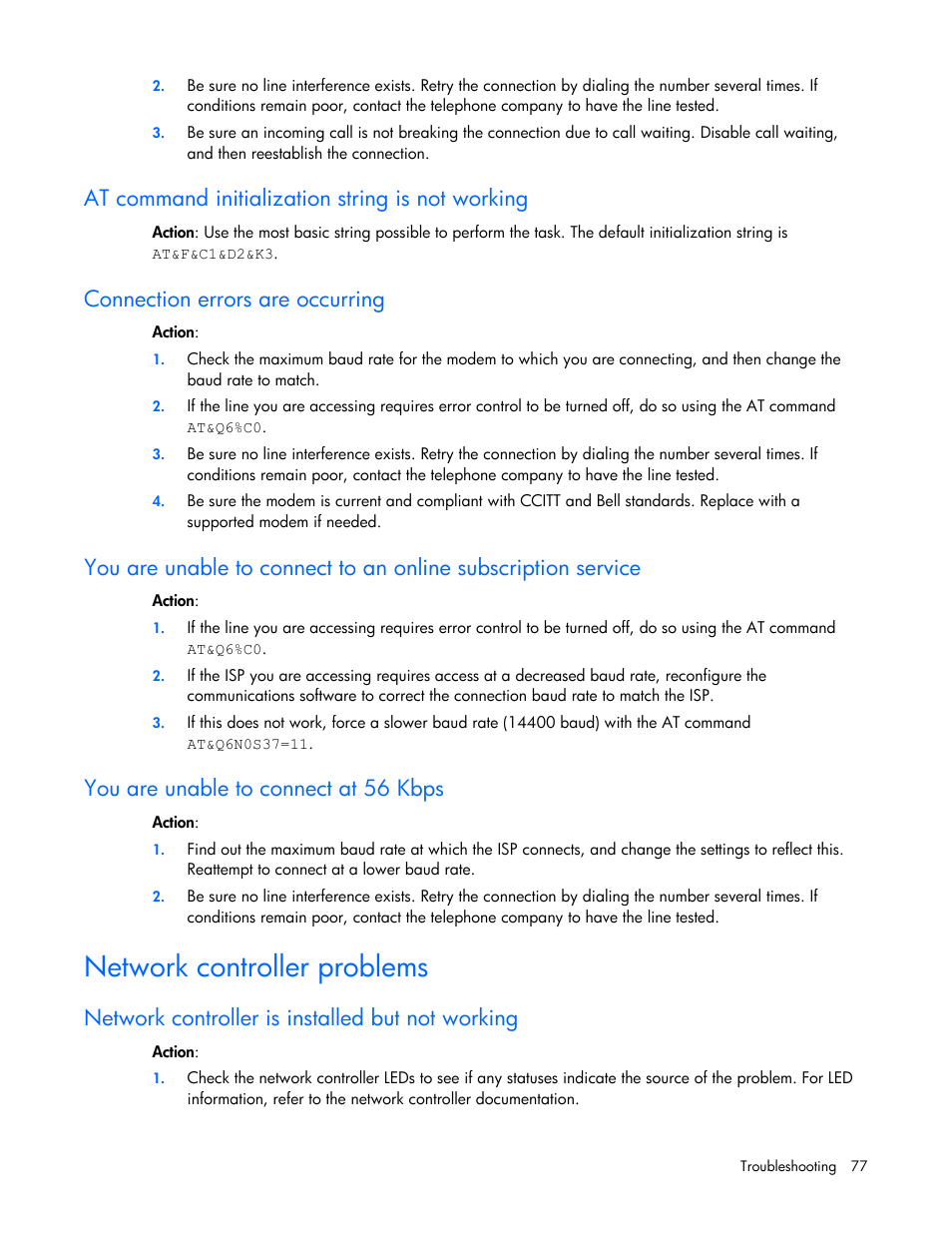 At command initialization string is not working, Connection errors are occurring, You are unable to connect at 56 kbps | Network controller problems, Network controller is installed but not working, Netw k, Or controller problems, Is not working, Connec n, You are n | HP ML100 User Manual | Page 77 / 111