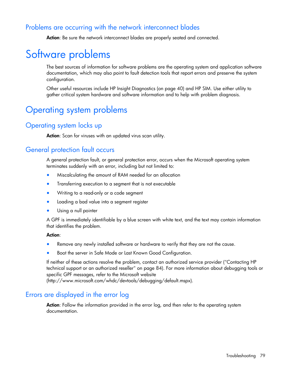 Software problems, Operating system problems, Operating system locks up | General protection fault occurs, Errors are displayed in the error log, Oper, Ating system problems, Problems are occurring with the, Network interconnect blades, Genera pr | HP ML100 User Manual | Page 79 / 111