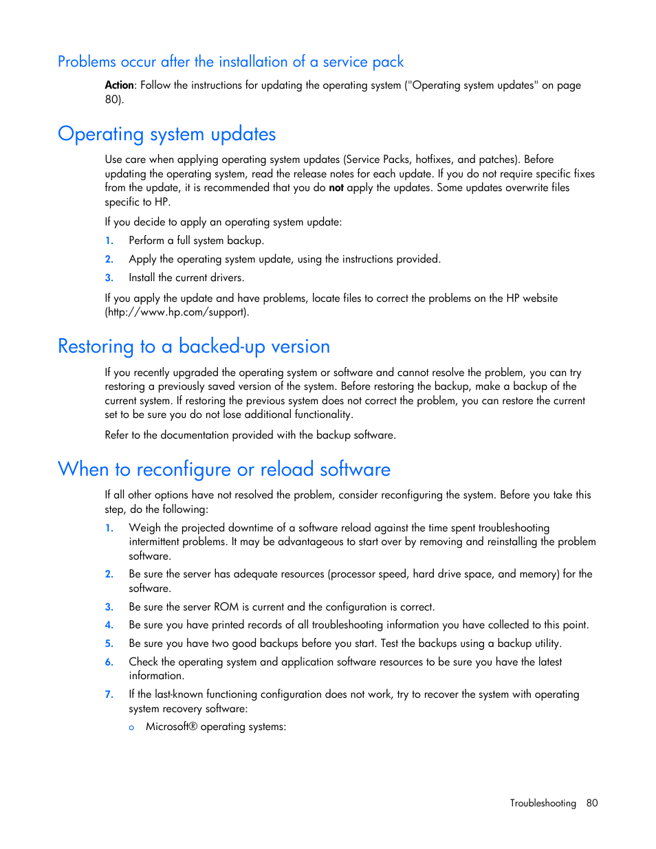 Operating system updates, Restoring to a backed-up version, When to reconfigure or reload software | Resto, When o, Ring to a backed-up version, T reconfigure or reload software | HP ML100 User Manual | Page 80 / 111