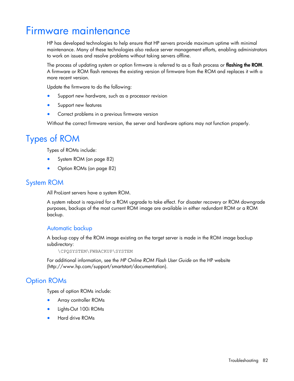 Firmware maintenance, Types of rom, System rom | Option roms, Ge 82), Types, Of rom, System, Option, Roms | HP ML100 User Manual | Page 82 / 111