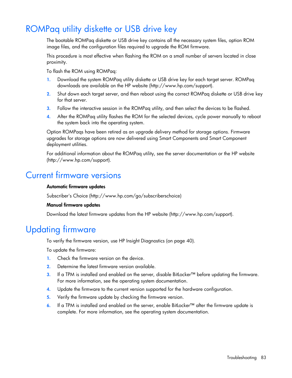 Rompaq utility diskette or usb drive key, Current firmware versions, Updating firmware | Contacting hp, Rom q, Curre f, Updating, Pa utility diskette or usb drive key, Nt irmware versions, Firmware | HP ML100 User Manual | Page 83 / 111