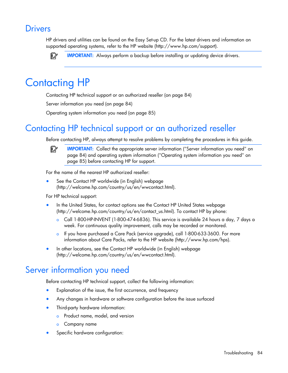 Drivers, Contacting hp, Server information you need | Ge 84), Cont c, A ting hp, Contacting hp technical support or an autho, Rized reseller, Server in, Formation you need | HP ML100 User Manual | Page 84 / 111