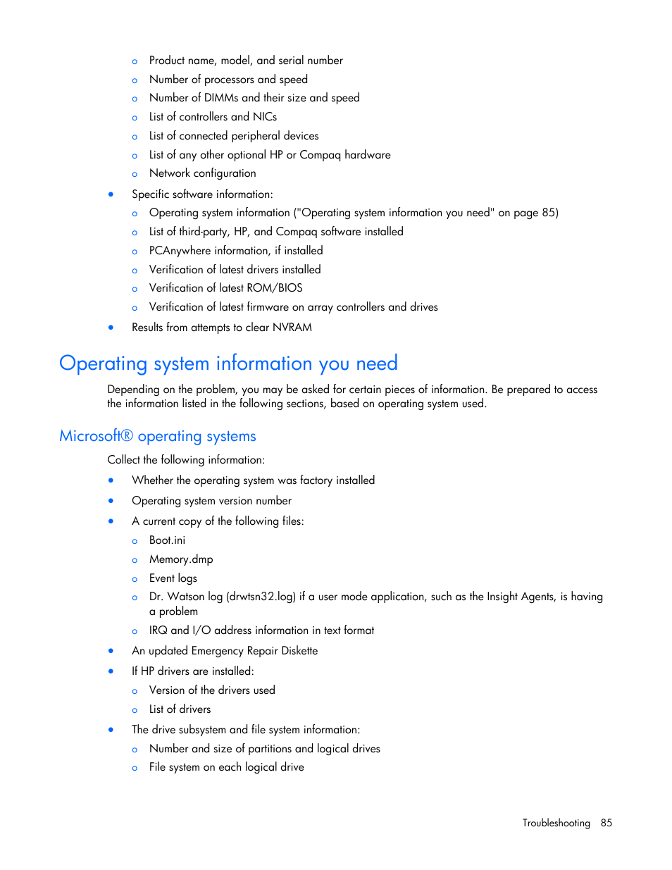 Operating system information you need, Microsoft® operating systems, Ge 85) | Microsoft, Operating systems | HP ML100 User Manual | Page 85 / 111