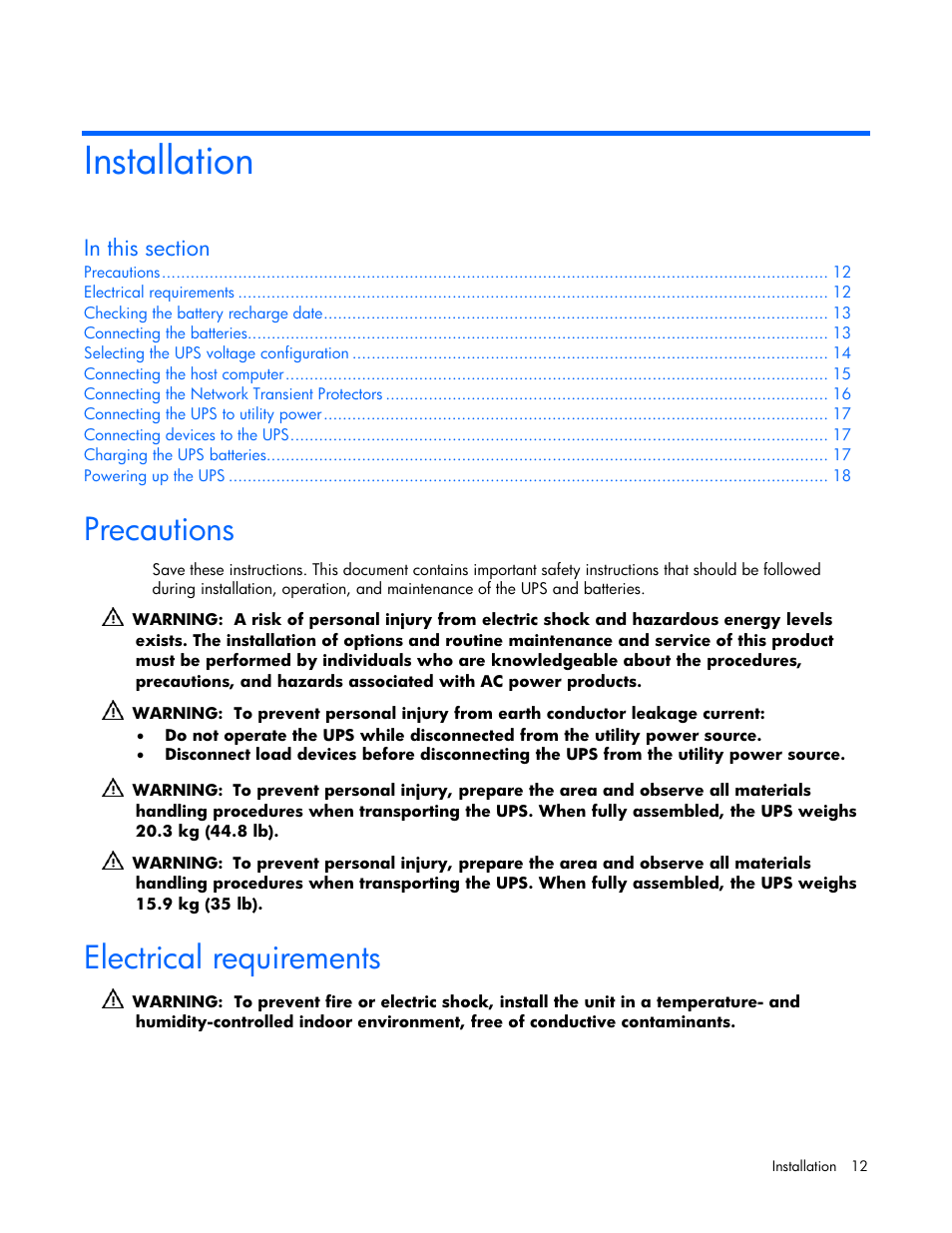 Installation, Precautions, Electrical requirements | HP T1000 User Manual | Page 12 / 48