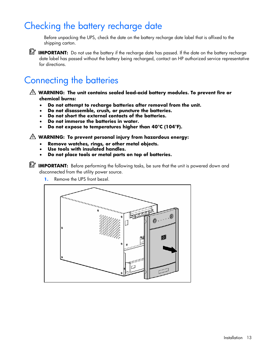 Checking the battery recharge date, Connecting the batteries, 13 connecting the batteries | HP T1000 User Manual | Page 13 / 48