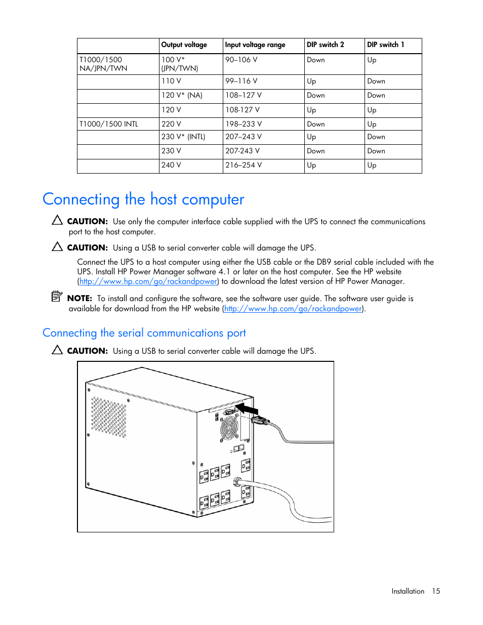 Connecting the host computer, Connecting the serial communications port | HP T1000 User Manual | Page 15 / 48