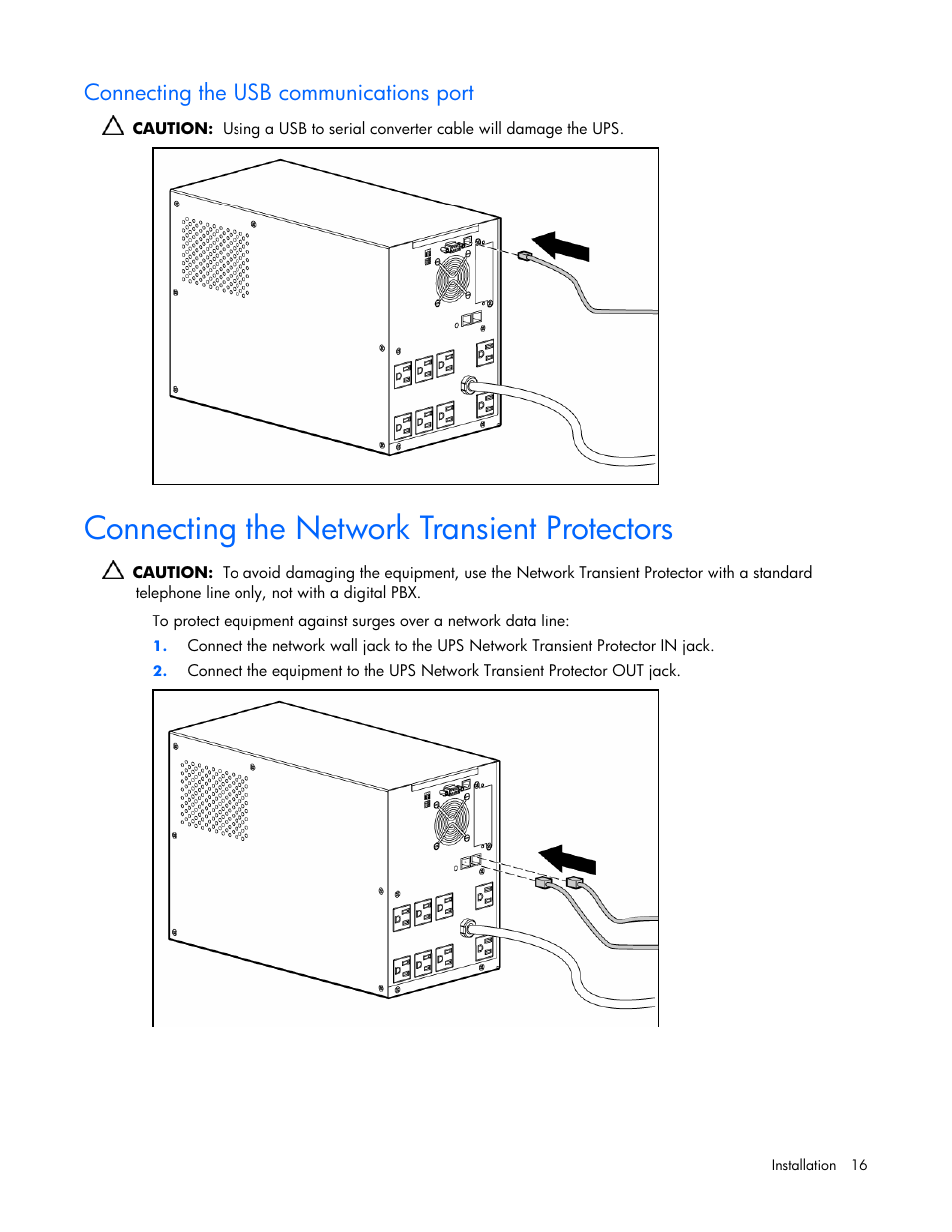 Connecting the usb communications port, Connecting the network transient protectors | HP T1000 User Manual | Page 16 / 48