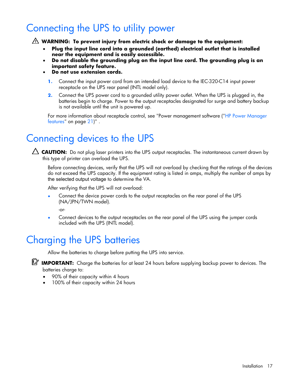 Connecting the ups to utility power, Connecting devices to the ups, Charging the ups batteries | 17 connecting devices to the ups, 17 charging the ups batteries | HP T1000 User Manual | Page 17 / 48