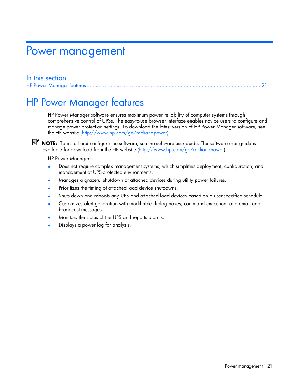 Power management, Hp power manager features, Hp power manager | Features | HP T1000 User Manual | Page 21 / 48