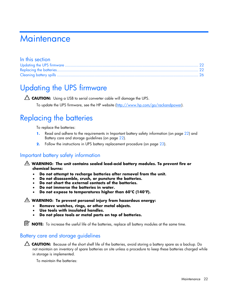 Maintenance, Updating the ups firmware, Replacing the batteries | Important battery safety information, Battery care and storage guidelines | HP T1000 User Manual | Page 22 / 48