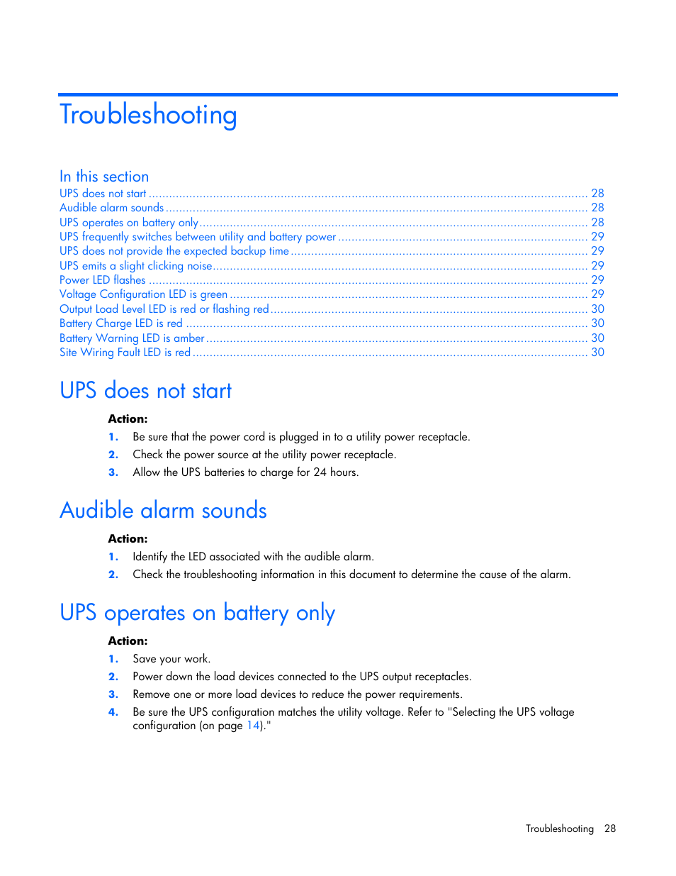 Troubleshooting, Ups does not start, Audible alarm sounds | Ups operates on battery only | HP T1000 User Manual | Page 28 / 48