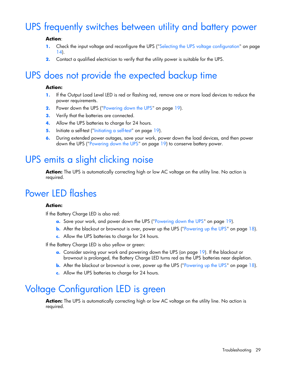 Ups does not provide the expected backup time, Ups emits a slight clicking noise, Power led flashes | Voltage configuration led is green, 29 ups does not provide the expected backup time, 29 ups emits a slight clicking noise, 29 power led flashes, 29 voltage configuration led is green | HP T1000 User Manual | Page 29 / 48