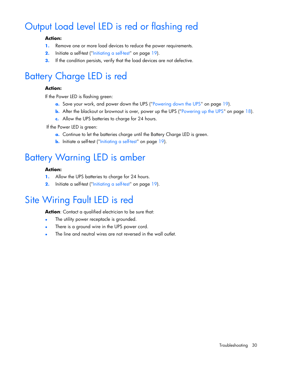 Output load level led is red or flashing red, Battery charge led is red, Battery warning led is amber | Site wiring fault led is red, 30 battery charge led is red, 30 battery warning led is amber, 30 site wiring fault led is red | HP T1000 User Manual | Page 30 / 48