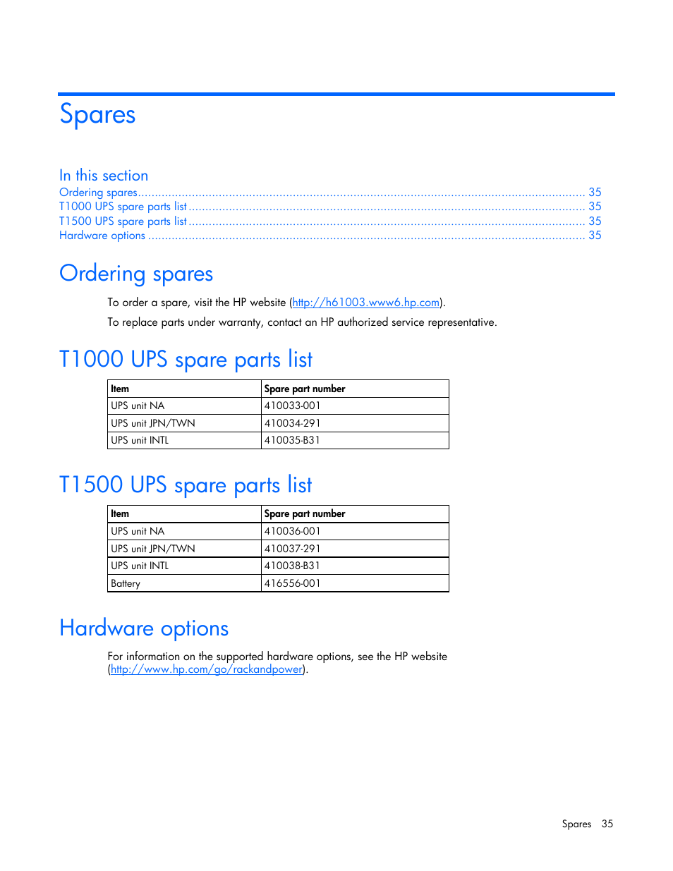 Spares, Ordering spares, T1000 ups spare parts list | T1500 ups spare parts list, Hardware options | HP T1000 User Manual | Page 35 / 48