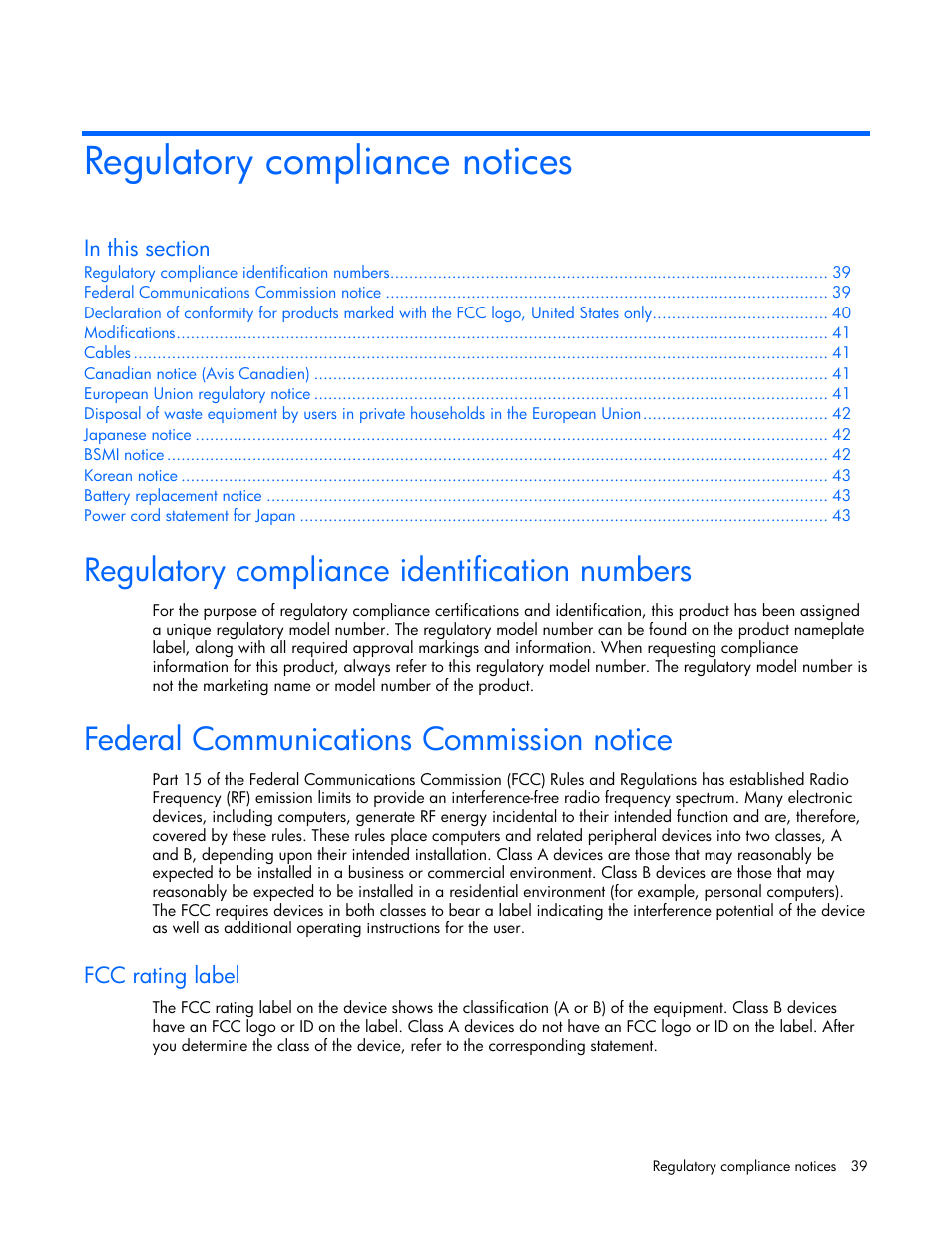 Regulatory compliance notices, Regulatory compliance identification numbers, Federal communications commission notice | Fcc rating label | HP T1000 User Manual | Page 39 / 48