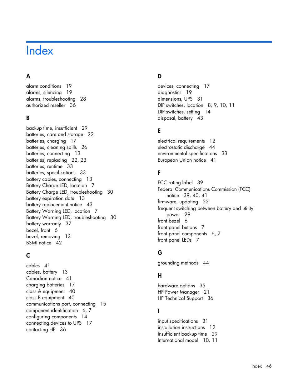 Index | HP T1000 User Manual | Page 46 / 48