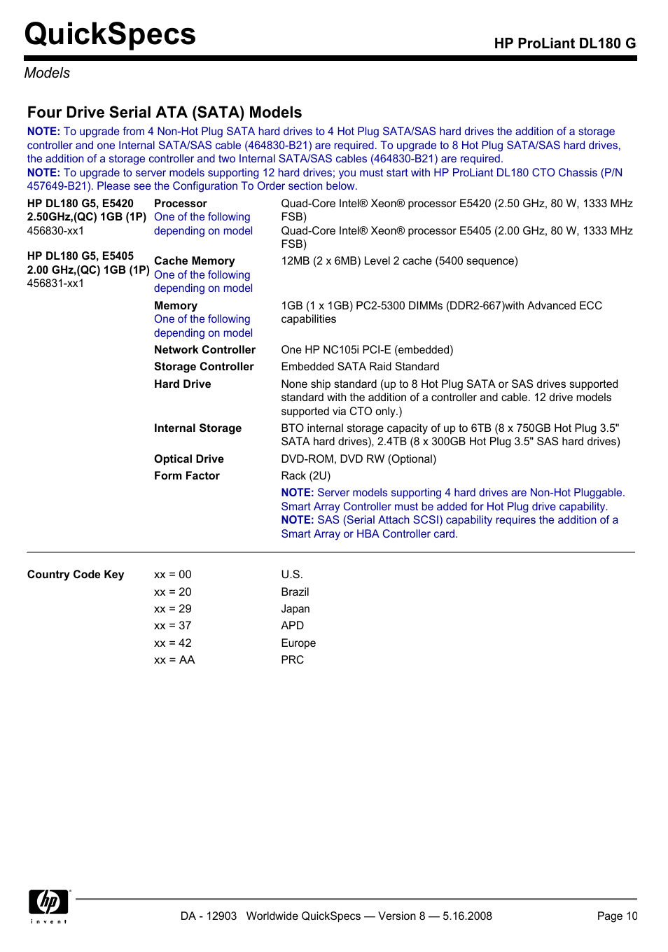 Models, Quickspecs, Four drive serial ata (sata) models | Hp proliant dl180 g5 models | HP ProLiant DL180 G User Manual | Page 10 / 30