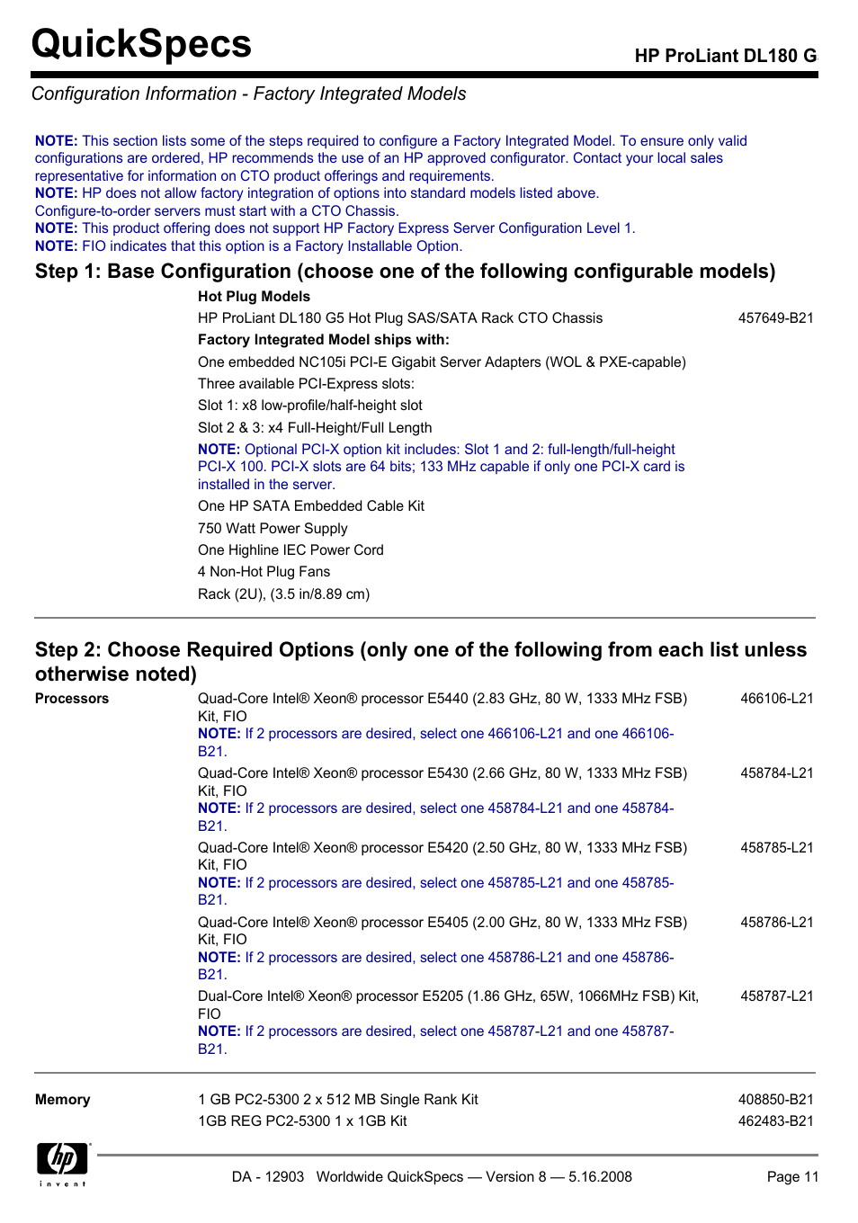 Quickspecs | HP ProLiant DL180 G User Manual | Page 11 / 30