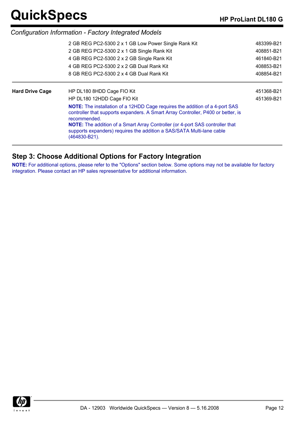 Quickspecs | HP ProLiant DL180 G User Manual | Page 12 / 30
