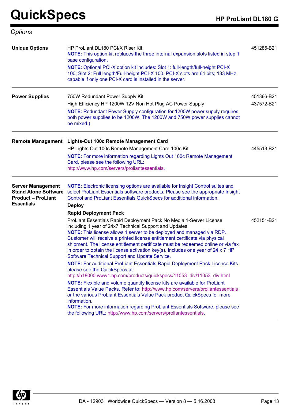 Options, Quickspecs, Hp proliant dl180 g5 options | HP ProLiant DL180 G User Manual | Page 13 / 30