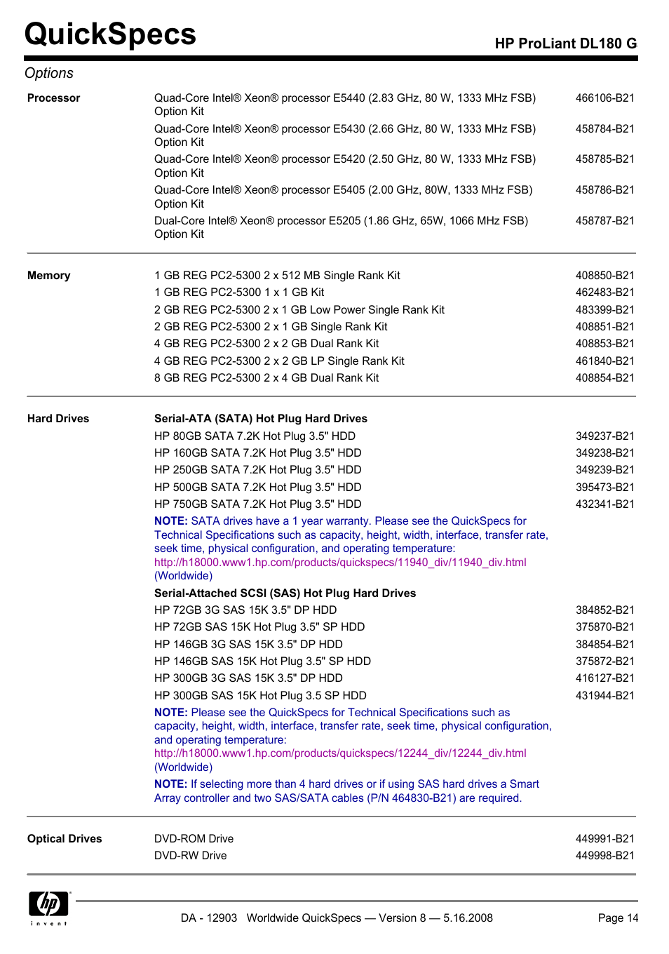 Quickspecs, Hp proliant dl180 g5 options | HP ProLiant DL180 G User Manual | Page 14 / 30