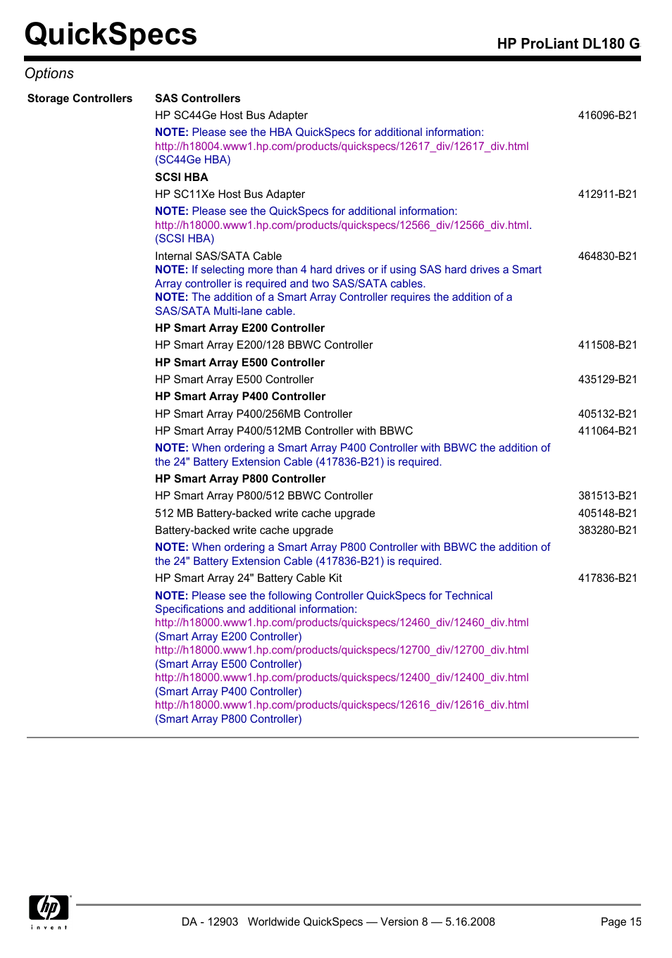 Quickspecs, Hp proliant dl180 g5 options | HP ProLiant DL180 G User Manual | Page 15 / 30