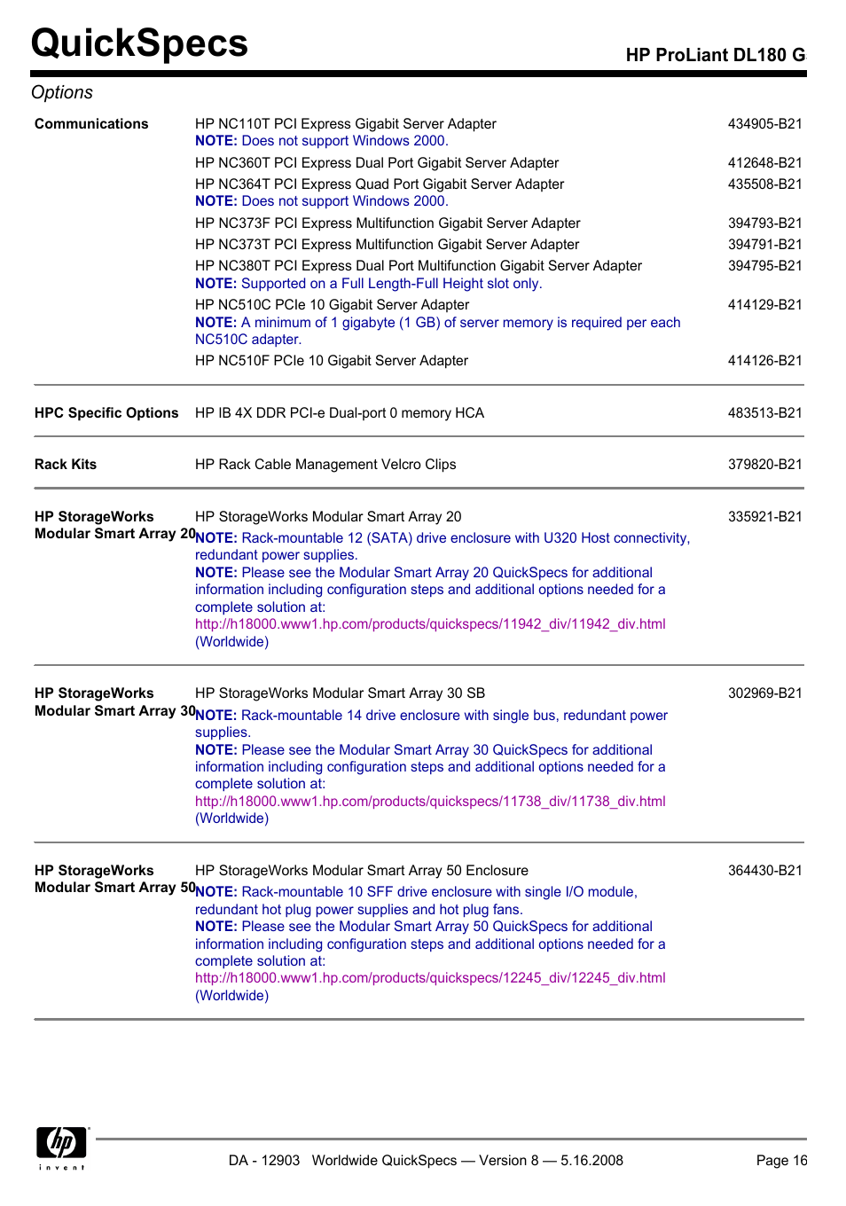 Quickspecs, Hp proliant dl180 g5 options | HP ProLiant DL180 G User Manual | Page 16 / 30