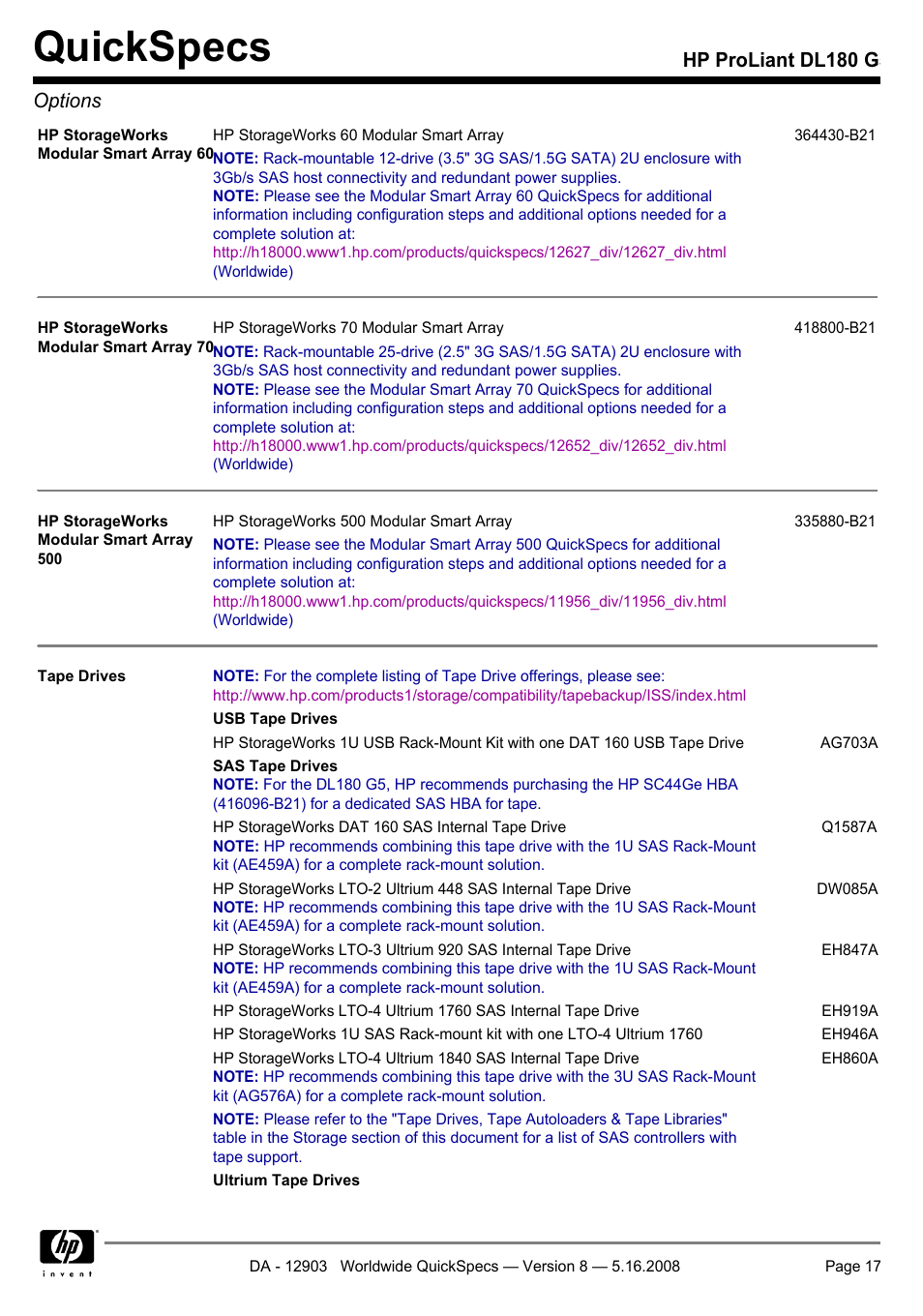 Quickspecs, Hp proliant dl180 g5 options | HP ProLiant DL180 G User Manual | Page 17 / 30