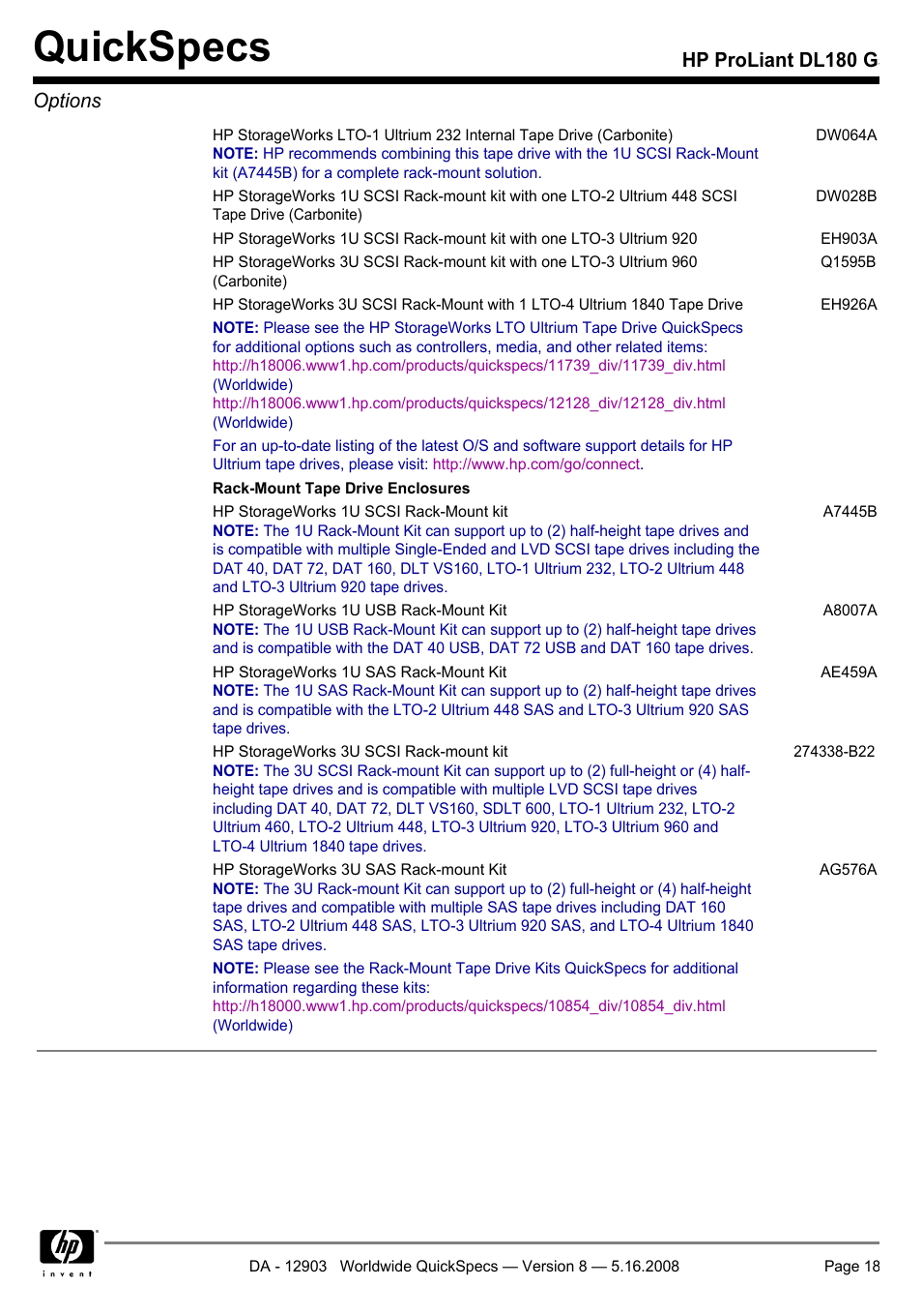 Quickspecs, Hp proliant dl180 g5 options | HP ProLiant DL180 G User Manual | Page 18 / 30