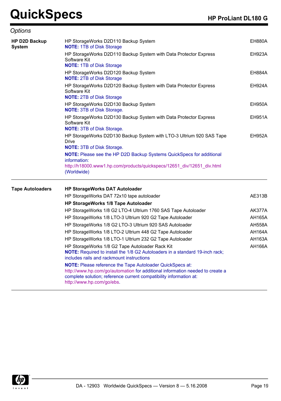 Quickspecs, Hp proliant dl180 g5 options | HP ProLiant DL180 G User Manual | Page 19 / 30