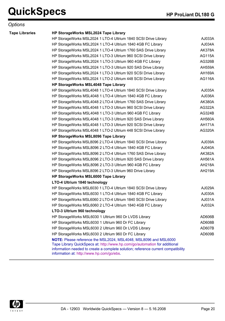 Quickspecs, Hp proliant dl180 g5 options | HP ProLiant DL180 G User Manual | Page 20 / 30