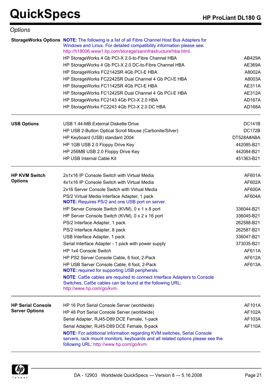 Quickspecs, Hp proliant dl180 g5 options | HP ProLiant DL180 G User Manual | Page 21 / 30