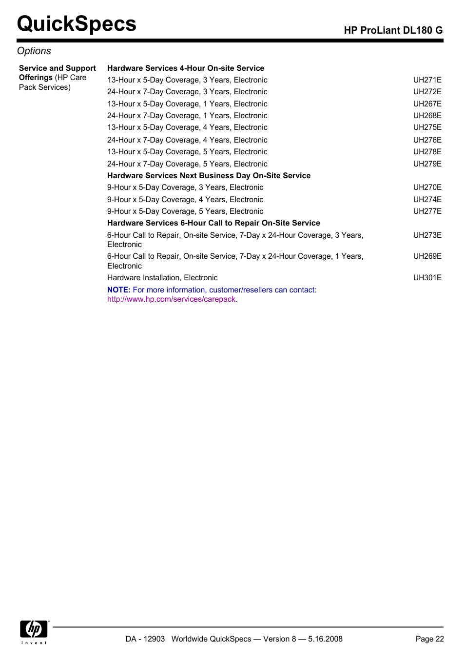 Quickspecs, Hp proliant dl180 g5 options | HP ProLiant DL180 G User Manual | Page 22 / 30