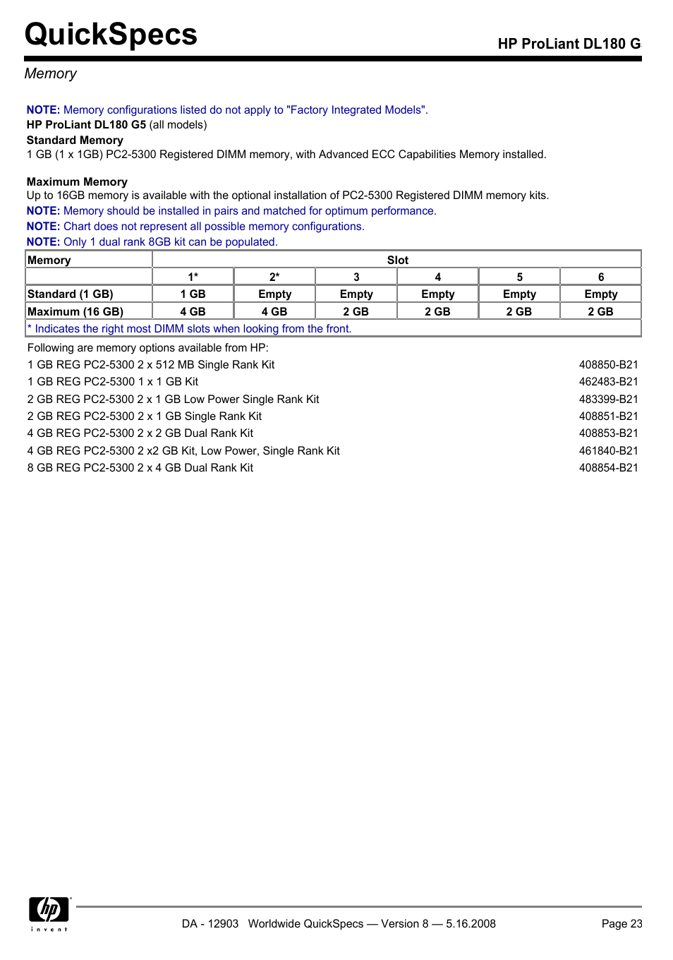 Memory, Quickspecs | HP ProLiant DL180 G User Manual | Page 23 / 30