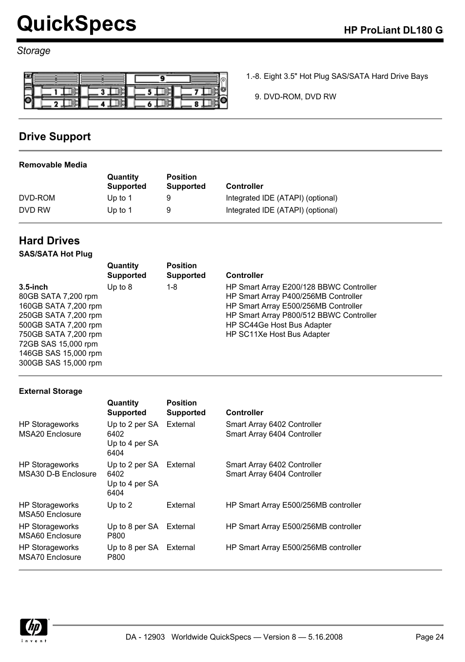 Storage, Quickspecs, Drive support | Hard drives, Hp proliant dl180 g5 storage | HP ProLiant DL180 G User Manual | Page 24 / 30
