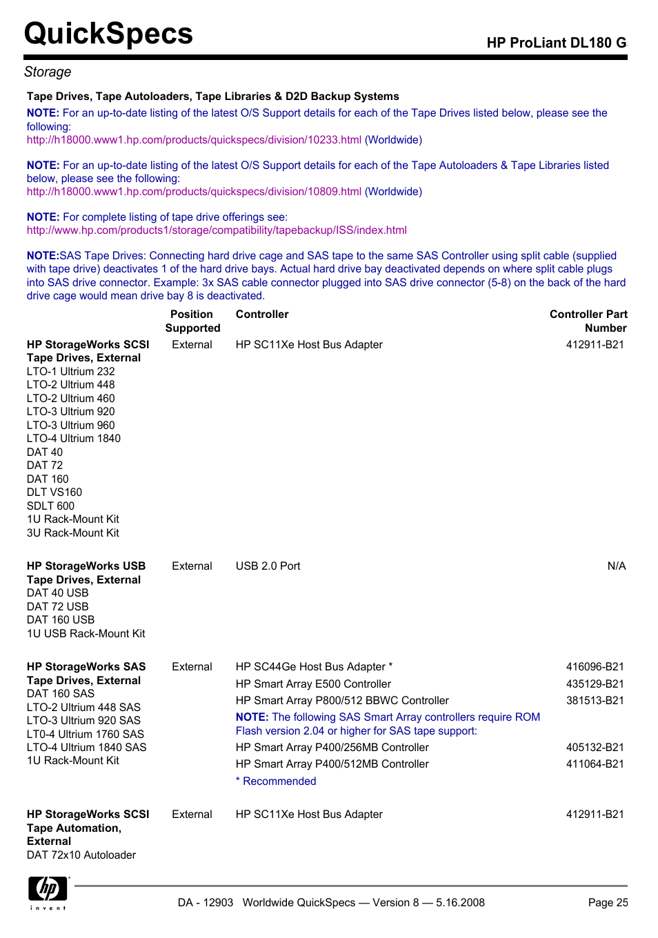 Quickspecs, Hp proliant dl180 g5 storage | HP ProLiant DL180 G User Manual | Page 25 / 30
