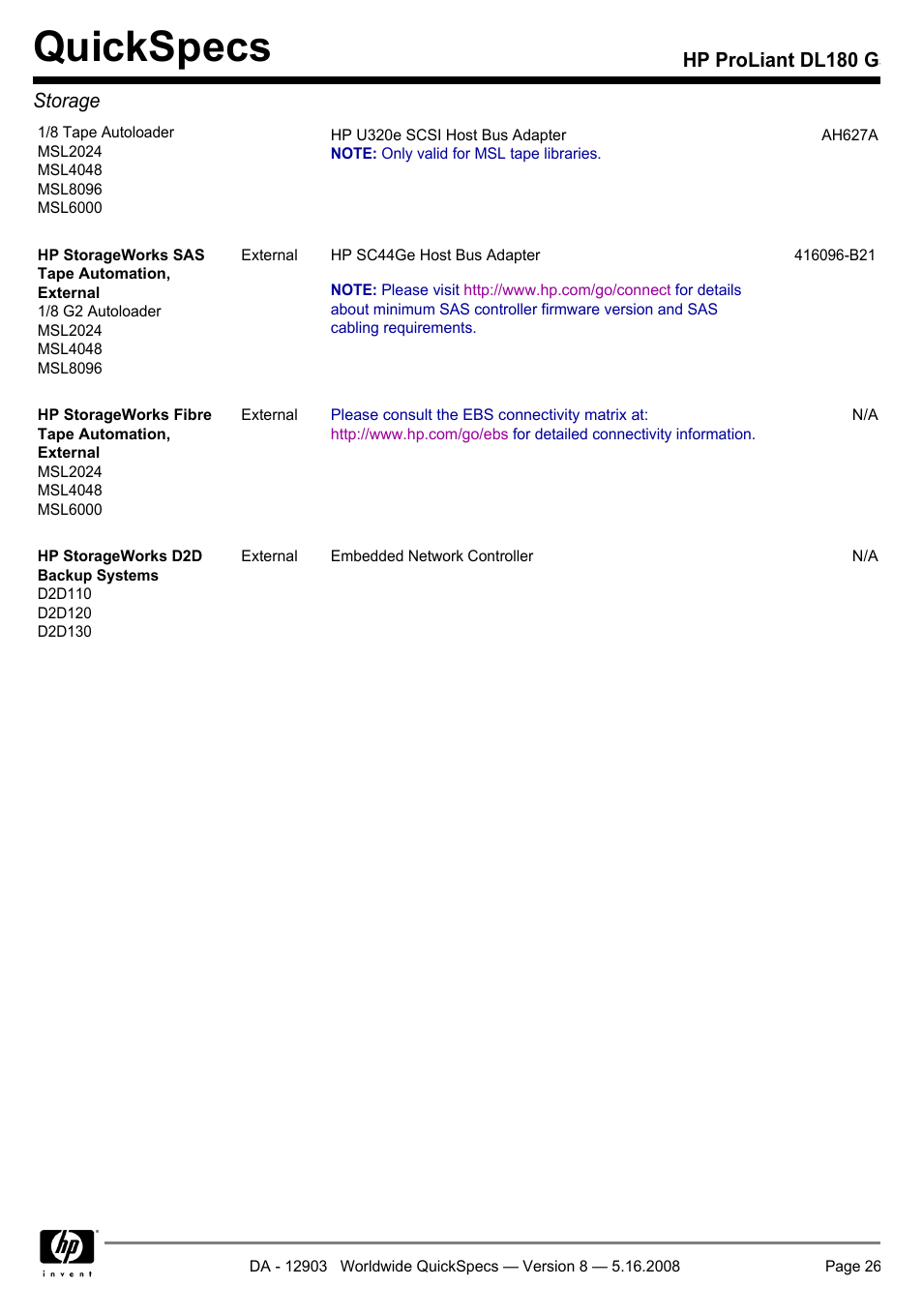 Quickspecs, Hp proliant dl180 g5 storage | HP ProLiant DL180 G User Manual | Page 26 / 30