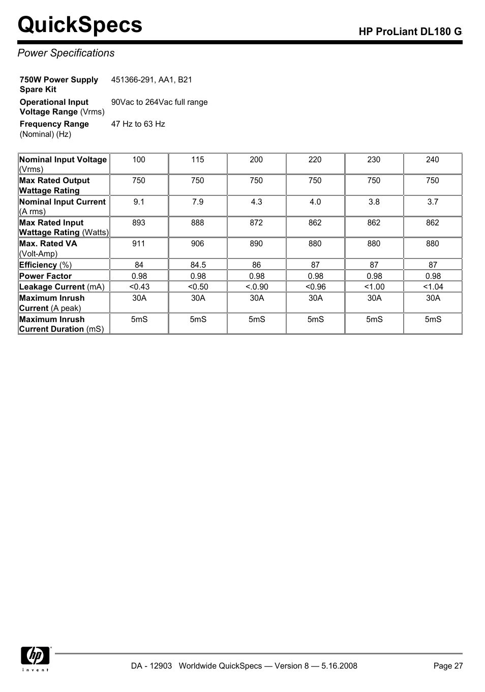 Power specifications, Quickspecs, Hp proliant dl180 g5 power specifications | HP ProLiant DL180 G User Manual | Page 27 / 30