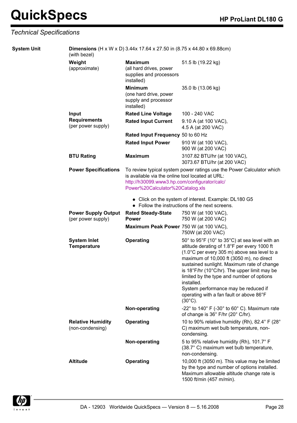 Technical specifications, Quickspecs, Hp proliant dl180 g5 technical specifications | HP ProLiant DL180 G User Manual | Page 28 / 30