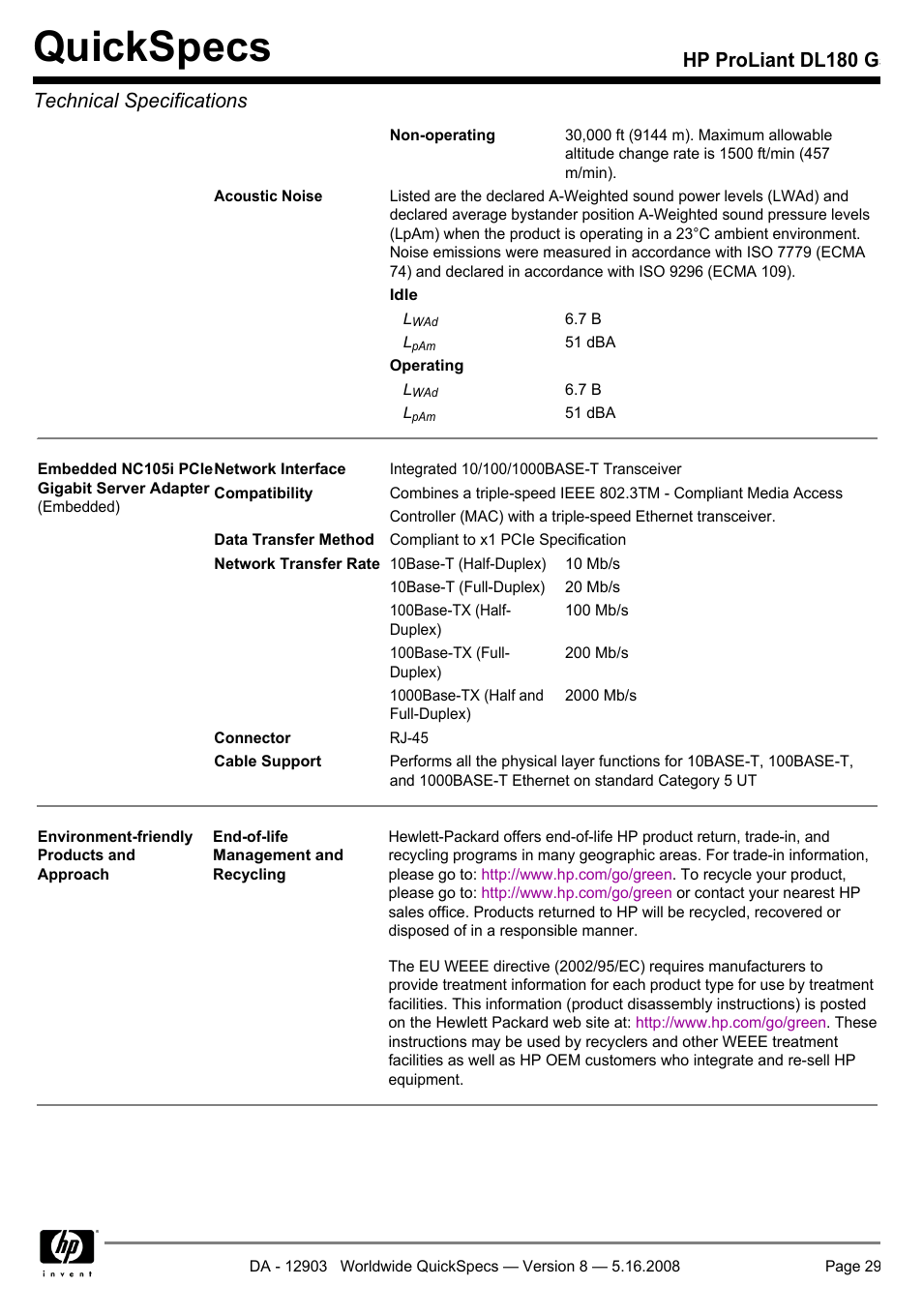 Quickspecs, Hp proliant dl180 g5 technical specifications | HP ProLiant DL180 G User Manual | Page 29 / 30