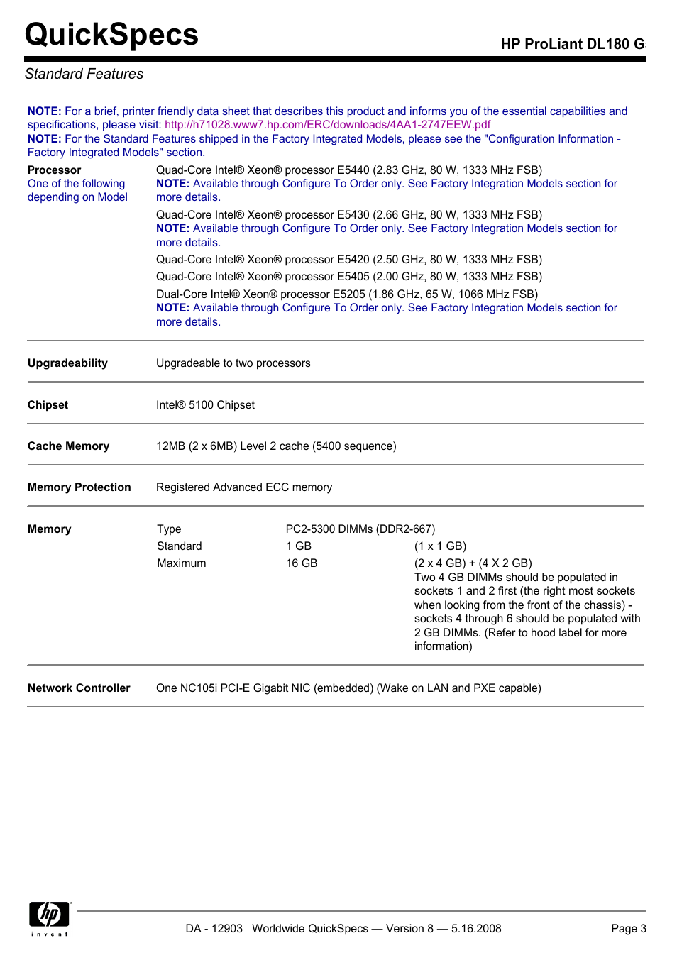 Standard features, Quickspecs, Hp proliant dl180 g5 standard features | HP ProLiant DL180 G User Manual | Page 3 / 30