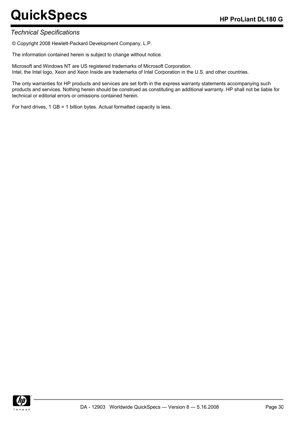 Quickspecs | HP ProLiant DL180 G User Manual | Page 30 / 30